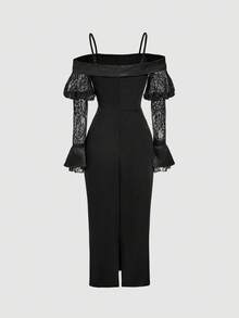 SHEIN MOD Satin Contrast Lace Sleeve Elegant Women Long Dress Midi Black Dress Corset Midi Dress Black Funeral Dress,Black Dress,Winter Dress,Christmas Dress,New Year Dress,Party Dress,Wedding Guest Dress,Graduation Dress,Elegant Dresses For Women,Prom Dresses,Luxury Evening Dresses For Women