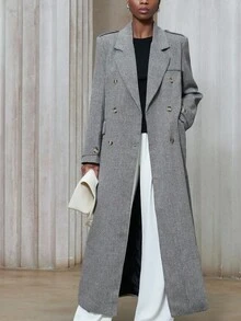 Aveloria Modichic 女式人字纹长款开衫外套，常规版型，秋冬 - 灰色 - 查看 2