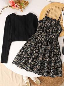 SHEIN 青少年女孩2件組：黑色羅紋針織開襟外套 & 小碎花收腰細肩帶洋裝，復古休閒度假穿搭 秋冬 - 黑色 - 查看 2