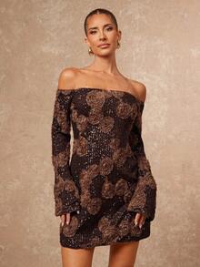 Lumalex 秋季新款女装冬季简约复古闪亮假日派对魅力优雅锐舞节郊游度假热门户外丰富层次婚礼季宴会成人礼亮片串珠装饰露肩露背泡泡袖紧身迷你连衣裙女式棕色露肩连衣裙棕色亮片连衣裙3D花卉连衣裙玫瑰连衣裙鸡尾酒会礼服奢华舞会证件照宰牲节派对新年 - 咖啡棕 - 查看 3