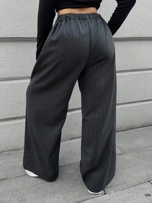 Dazy Plus Quần dài công sở dáng rộng ống đứng kẻ sọc cỡ lớn cho nữ, trang trí dây rút, thường ngày, thu đông - Màu xám đen - Xem 3