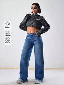 EURMUSE Quần jeans ống rộng cạp trễ, túi xéo, viền thô giản dị - Rửa trung bình - Xem 4