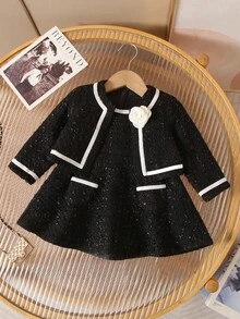 SHEIN 2pcs/Set Babygirl Elegant Black Tweed Jacket And Sleeveless Dress Outfit Baby Girl Black Tweed Outfit Black Toddler Girl Dress And Jacket Set Black Dress With White Collar Toddler Toddler Girl Black Dress White Trim Black Tweed Dress Toddler - Black - View 3
