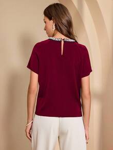 Almamuse Women's Elegant Rhinestone Collar Design Blouse - Red - View 2