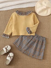 PrepCrw 2 pièces Ensemble chemise à manches longues jaune et jupe plissée pour bébé fille, élégant, polyvalent, col, motif patchwork à carreaux. Convient pour les sorties, les rassemblements, l'automne et l'hiver - Multicolore - Voir 3