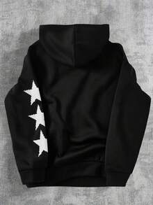 青少年男孩/青少年男孩休闲日常百搭舒适印花图案宽松连帽运动衫 - 黑色 - 查看 2