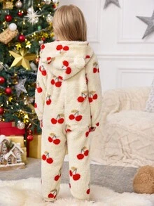 SHEIN 少女樱桃图案针织连帽休闲连体裤家居服 - 卡其色 - 查看 6