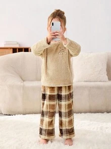 SHEIN 2件套少女针织纯色圆领刺绣毛衣和裤子家居服套装