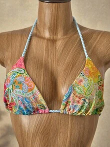 SHEIN Swim Conjunto de Maiô Bikini Casual de Praia de 2 Peças Estampado Retrô Azul Estilo Boho Chic, Multicolorido para Férias e Festas - Multicolorido - Visão 5