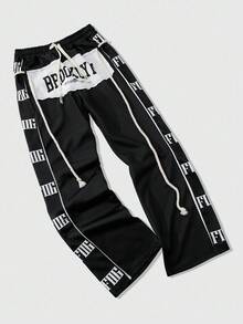 ROMWE MEN Prep Men's Sweatpants With Applique Embroidery, Drawstring, Street Style American English Print - Black - View 4
