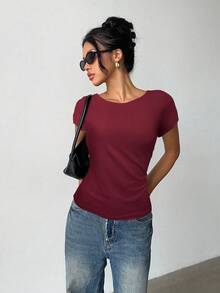 Siren Gaze Áo thun nữ hở lưng phối ren vai thường, kiểu Mỹ, xếp ly ôm sát, tay ngắn, thích hợp cho mùa hè, màu đỏ, Giáng sinh, Năm mới, màu đỏ tía, phong cách thường ngày, Ngày Valentine. - Màu Đỏ Sâu - Xem 5