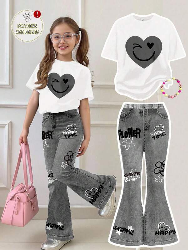 SHEIN Leap Crew Set de 2 piezas para adolescentes: Camiseta de manga corta con cuello redondo y estampado de corazón y cara graffiti + Pantalones acampanados, estilo casual y suelto, adecuado para verano, otoño, uso en casa, al aire libre, fotografía callejera, campus