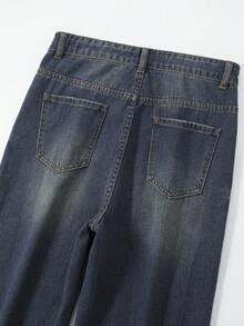 SHEIN Teen Girls Retro Casual Street Chic Cat Whisker Elastic Waist 5-Pocket Wide Leg Loose Jeans, All-Season Versatile Fashion Item Summer Holiday - Bronze - View 3