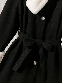 Sparklyn 1pc Tween Girls Overcoat, Elegant Refined Buttoned Lapel Mid-Length Belted Coat With Fur Collar, Suitable For Autumn/Winter Fall - Black - View 4
