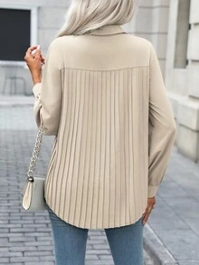 EMERY ROSE Camisa casual/de trabajo de mujer de unicolor con cuello, abertura frontal, pliegues en la espalda y bajo curvo, manga larga, para primavera/otoño - Albaricoque - Ver 2