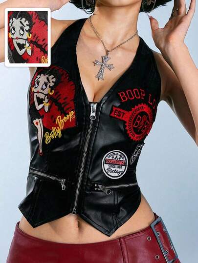 Betty Boop | ROMWE Top canotta da donna con grafica a figura di cartone animato stile Kpop, ricamo, cerniera, collo alto, in tessuto PU