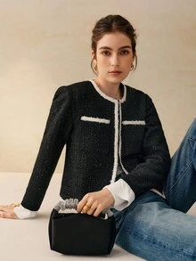 Cévolie 女士优雅通勤撞色花呢夹克