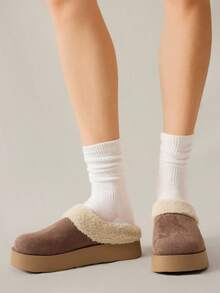 女士休闲保暖圆头拖鞋，棕色厚底平底鞋 - 棕色 - 查看 8