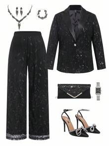 Gownix Plus Size Women's Suit Set,Black,Summer,Elegant,Formal,Evening,Silver Sequins,With Pockets,Long Pants Suit,Autumn/Winter - Black - View 3