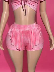 Slaydiva 2025 Spring/Summer New Casual Daily Home Personalized Street Fashion Retro Pink Ombre Snowflake Textured Knit Drawstring Adjustable V-Neck Backless Short Sleeve T-Shirt With Ruffle Hem Shorts Set - Pink - View 4