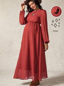 Boho Mama Maternity Solid Color Round Neck Lantern Sleeve Casual Dress - Red - View 3