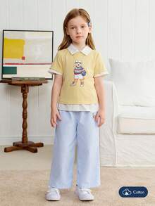 Joliand Joliand 1 件年轻女孩优雅城市学院风格可爱狗狗装饰蓝白条纹宽松裤，适合聚会、旅行、返校、派对、夏季和秋季 - 藍白色 - 查看 7