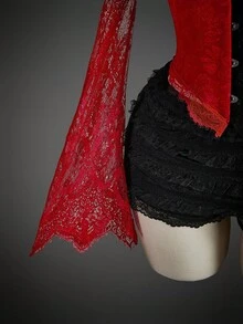 SHEIN ICON 女式万圣节角色扮演露肩撞色蕾丝喇叭袖提花衬衫 - 彩色 - 查看 4