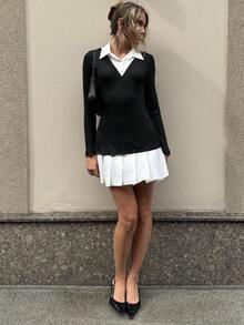 Pariaura 女式秋季性感紧身黑白蕾丝花边腰部收紧长袖迷你连衣裙 - 黑與白 - 查看 3