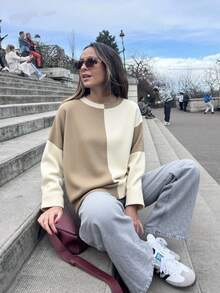 EURMUSE 女士拼色圆领落肩套头衫 - 彩色 - 查看 2