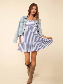 Coeurva Women Loose Striped Spaghetti Strap Summer Casual Dress With Ruffle Hem - Blue and White - View 2