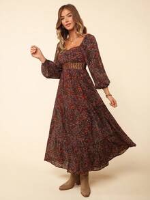 Coeurva Paisley Print Sweetheart Neck Lantern Sleeve Ruffle Hem Dress - Brown - View 2