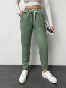EURMUSE Women's Solid Color Drawstring Waist Pockets Jogger Pants - Mint Green - View 5