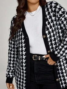 Comfylo Plus Size Casual Houndstooth Pattern Cardigan, Suitable For Work And Leisure, Autumn/Winter Button Up Cardigan Black And White Cardigan, Fall Winter Going Out