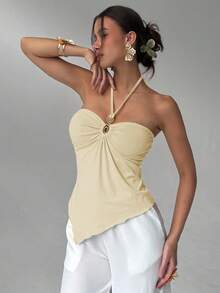 Aloruh 女士纯色休闲不对称下摆系带露背上衣 - 米色 - 查看 5