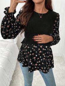 SHEIN 孕妇拼布碎花圆领长袖哺乳上衣 - 黑色 - 查看 3