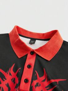 ROMWE MEN Anime 男式深色链条恶魔印花 Polo 领长袖休闲 T 恤 - 黑色 - 查看 3