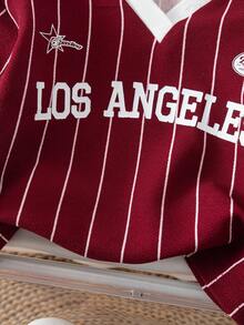 SHEIN Babygirl 可爱运动休闲条纹红色字母图案长袖运动衫 - 紅色 - 查看 6