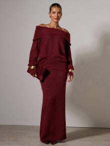 Women's Elegant Off Shoulder Long Sleeve Sweater And Knitted Midi Skirt 2 Pieces Set, Suitable For Daily Commute, Autumn/Winter Christmas 2 Piece Sets - Red - View 3