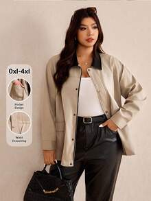 Elaquor Áo khoác Parka cổ điển thường ngày cỡ lớn có thắt eo và màu tương phản dành cho nữ, mùa thu/đông - Màu Khaki - Xem 1