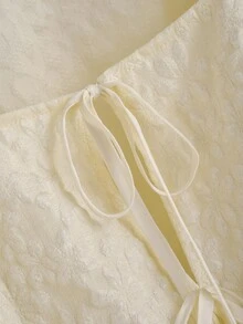 CosyJoli Bluzka w dużym rozmiarze, swobodna, kwadratowy dekolt, żakardowa faktura, rękaw typu latarnia, długi rękaw, kokarda