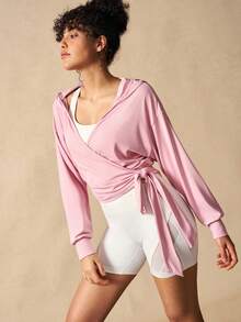 VARSIVA Pink Lace-Up Wrap Hooded Sports T-Shirt - Pink - View 2
