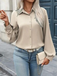 EMERY ROSE Camisa casual/de trabajo de mujer de unicolor con cuello, abertura frontal, pliegues en la espalda y bajo curvo, manga larga, para primavera/otoño - Albaricoque - Ver 4