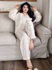 Dazy Plus 不对称印花条纹宽松衬衫和裤子睡衣套装，大码女士休闲家居服，秋季服装 - 白色 - 查看 6