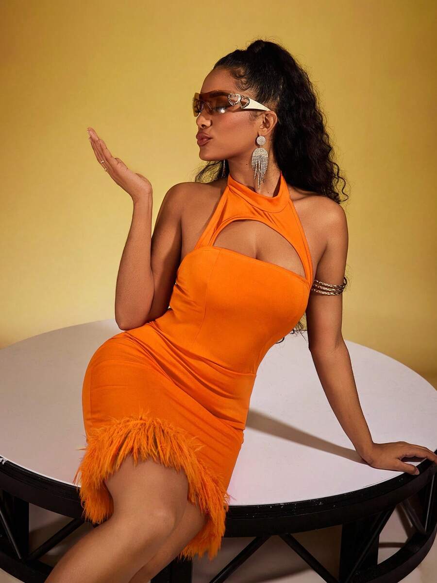 SHEIN 女士露肩中空休閒春夏裙 - 橘色 - 查看 1