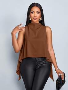 SOLERSUN Áo cánh không tay màu trơn thanh lịch, viền lệch, thời trang xuân hè cho nữ - Cà phê nâu - Xem 4