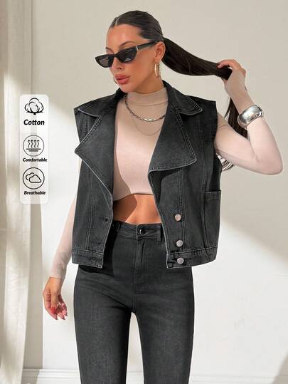 EURMUSE Women's Black Breathable & Comfortable Lapel Collar Sleeveless Patchwork Pocket Moto Denim Vest Crop Top Jacket Womens Vest Cropped Jackets Western Vest Denim Vest For Women