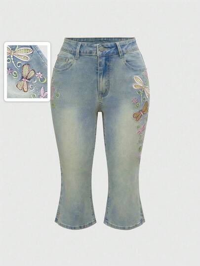Fairycore Jeans capri à taille très basse avec broderie de libellule rétro Y2K pour femmes