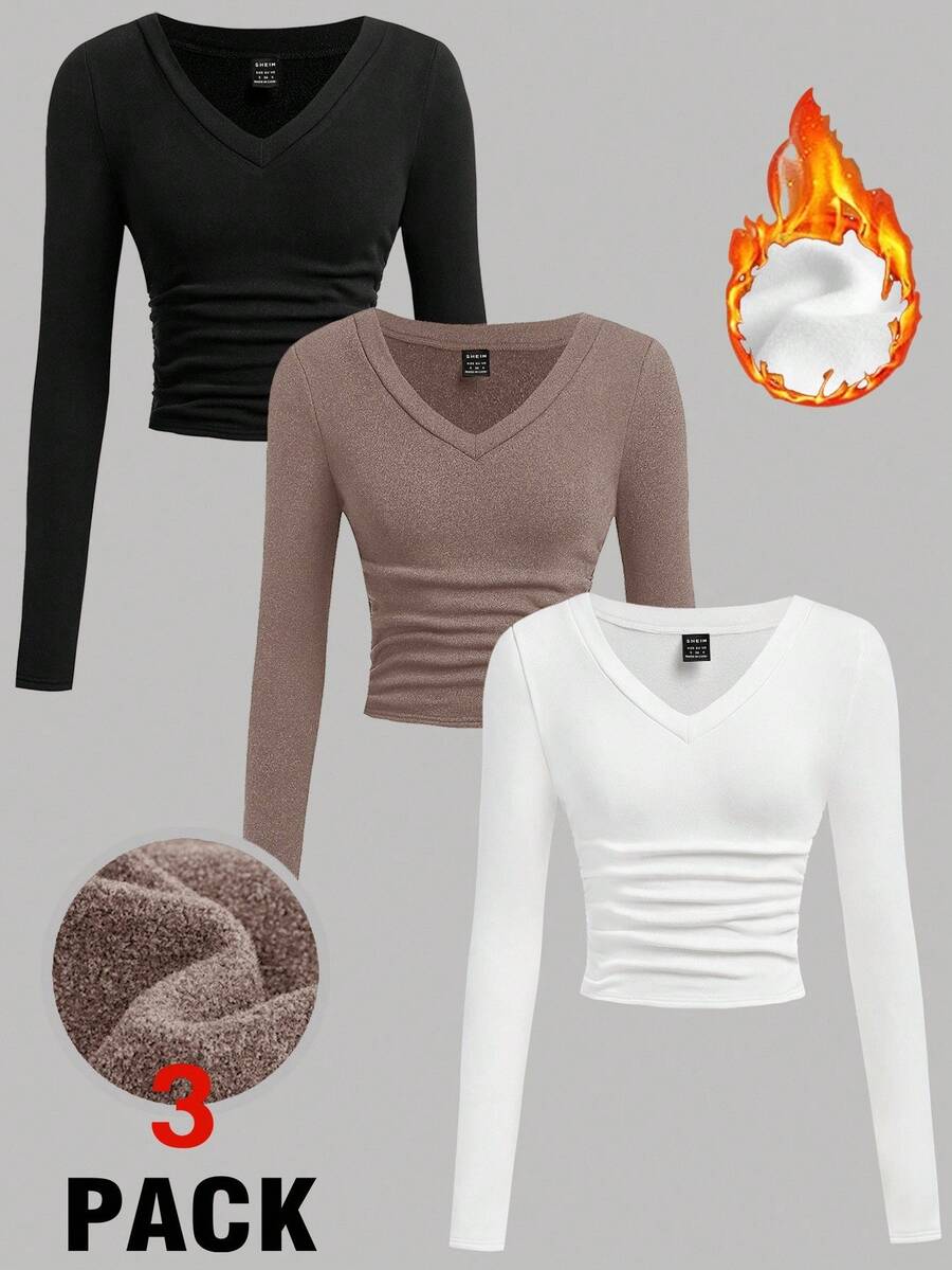 SHEIN EZwear 女式百搭彩色 V 领褶饰腰部保暖内衬长袖修身 T 恤,休闲百搭,冬季 - 彩色 - 查看 1