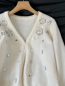 SHEIN Frenchy Women's Pearl & Rhinestone Embellished Long Sleeve Cardigan Autumn Winter Clothes For Women Casual - Apricot - View 3