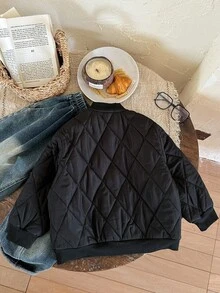 SHEIN Abrigo acolchado con botones de béisbol para niños pequeños - Negro - Ver 2